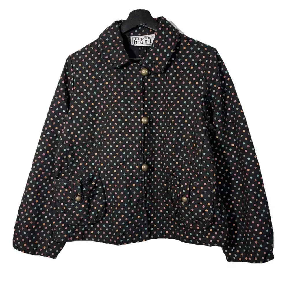 Polka Dot Jacket Black Cotton Vintage Keren Hart Medium Jewel Tone Pockets